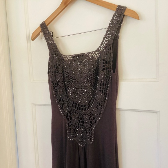 Gonca Style Dress Crochet Back Beaded Knit Jersey Gray One Size Empire Waist - Picture 1 of 10